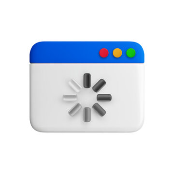 Vector cartoon minimal 3D browser window loading illustration. Realistic render of website page icon with loading spinner isolated on white background for web, app, UI, UX, dashboard, infographic.