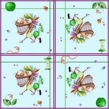 Seamless pattern with funny cartoon horse, green apples and cute worms for kids fabric and textile