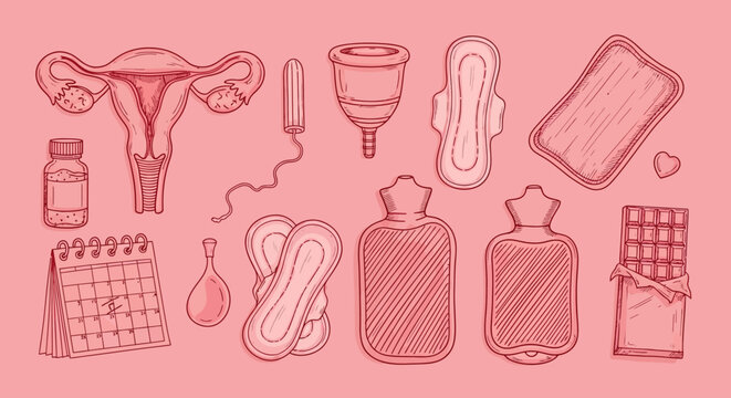 Feminine Hygiene Care Items and Reproductive Health Vector Illustration Set Featuring Menstrual Supplies and Comfort Essentials