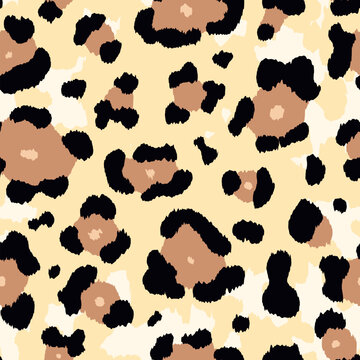 Vector seamless wild animal print pattern, hand drawn beige black leopard spots on light background. Decorative abstract repeat cheetah texture for fabric, textile, wrapping paper, packaging, fashion.