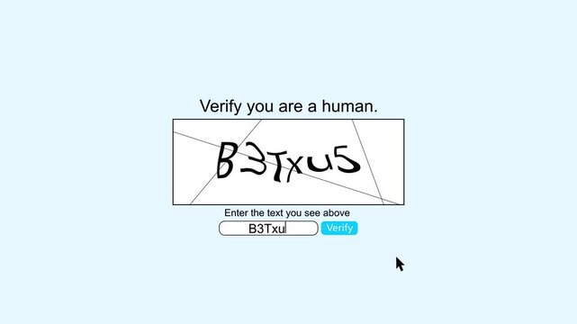 Digital human verification interface with CAPTCHA challenge, input field, cursor, validation background. website security, authentication spam prevention, software demonstrations, login cybersecurity