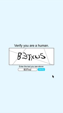 Human verification captcha screen distorted text, pale blue page, input box, verify button. Perfect for web security , login tutorials, bot prevention explainers, authentication clips, UI overlays.