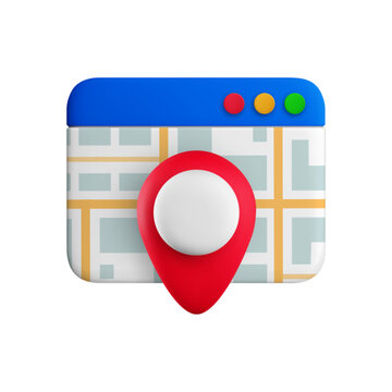 Vector cartoon minimal 3D browser window with map and location pin. Realistic render of website navigation page with gps pointer icon isolated on white background for web, app, UI, infographic.