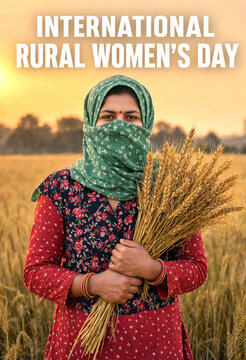 Portrait of a rural woman holding wheat in a field during sunset for international rural womens day celebration