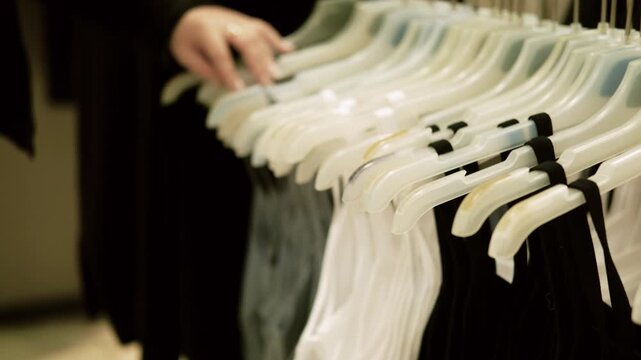Hand browsing translucent clothes hangers on retail rack inside softly lit fashion store, blurred garments behind, calm modern shopping mood, close side view, shallow depth of field, warm neutral