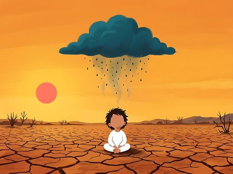 Child Waiting for Rain That Never Comes &ndash; Drought Hope El Nino Illustration