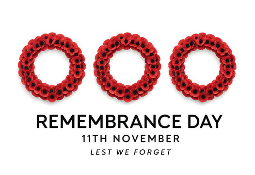 Three red poppy wreaths for remembrance day with text honoring november eleventh memorial event