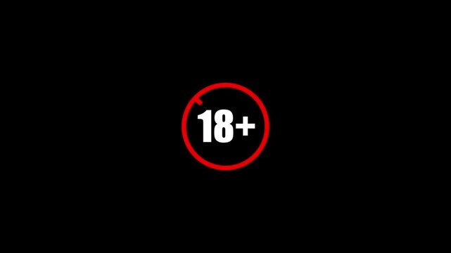 Red and black 18 plus age limit advisory sign animation ideal for censored video content, legal age verification screens, and restricted access media 4k video...