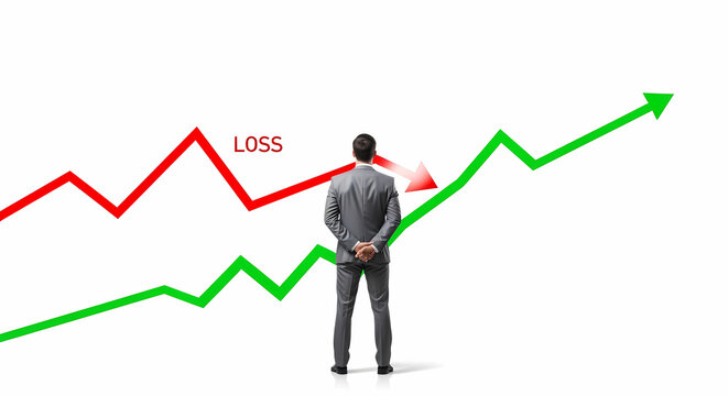 Strategic business professional observes a pivotal moment where financial losses transition into significant market gains and sustainable growth, illustrating a successful turnaround strategy
