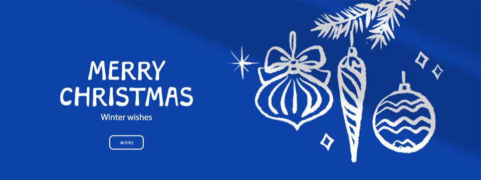 Christmas banner with hand drawn holiday ornaments. Festive mood, crayon doodle design. New year frame background. Vector sketch isolated illustration.