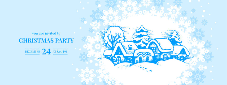 Christmas hand drawn countryside landscape. Winter festive mood, elegant vintage design. New year background. Vector sketch isolated illustration.
