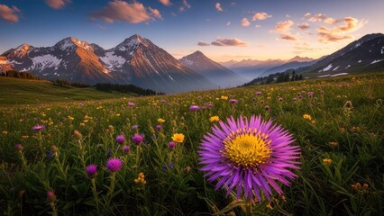 Fototapeta premium Wild purple aster flower in alpine mountain meadow.