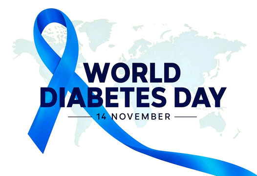 World diabetes day awareness campaign poster with blue ribbon and global map design