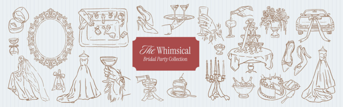 Whimsical bridal party clipart set. Vintage ink crayon drawn doodle sketch elements with dresses,champagne, cakes, monogram wedding frame. Whimsy celebration shapes with chalk outline for invitations.