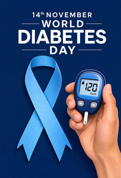 World diabetes day awareness concept with blue ribbon and glucose meter showing reading
