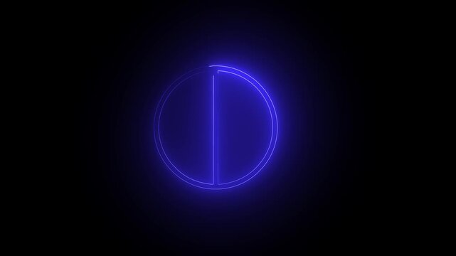 Glowing blue neon circle split in half icon on dark background