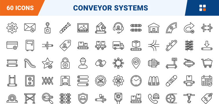 Conveyor system supplier - belt & line icon set. Vector pictograms of industrial, roller, material, and handling elements, thin linear illustration.