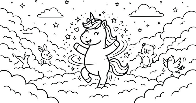 Children coloring book page vector illustration of cute magical unicorn dancing on clouds with animal friends under night sky landscape