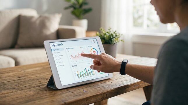 Woman checking health statistics and heart rate data on tablet screen at home, wearing smart watch, fitness tracking app, wellness monitoring, healthy lifestyle and telemedicine