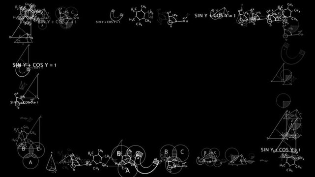 White mathematical formula chalk style geometry, chemistry sketches, equations, diagrams, black copy space. education videos, science lessons, physics explainers, classroom intros, academic overlays.