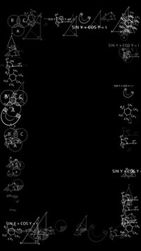 Science equation chalkboard visual white formulas, geometric shapes, molecule drawings, open black center. math tutorials, research , education titles, laboratory themes, motion graphics, overlays.