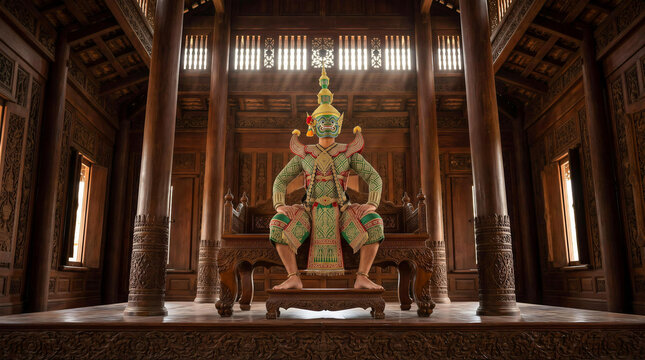 Majestic Thai Khon performer in giant demon mask sitting on wooden throne inside carved pavilion