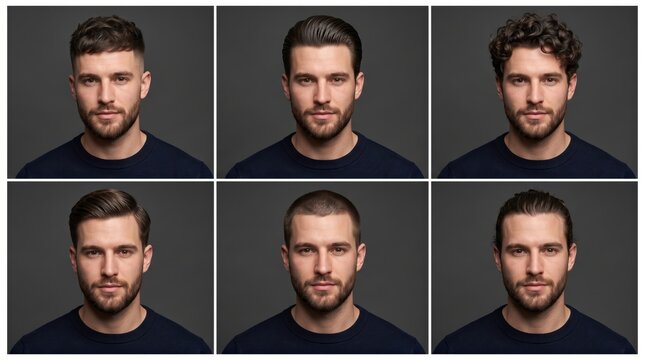 Before and After Men's Hairstyle Transformation Collage with Multiple Modern Haircuts Professional Barber Lookbook