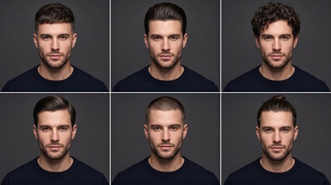 Before and After Men's Hairstyle Transformation Collage with Multiple Modern Haircuts Professional Barber Lookbook