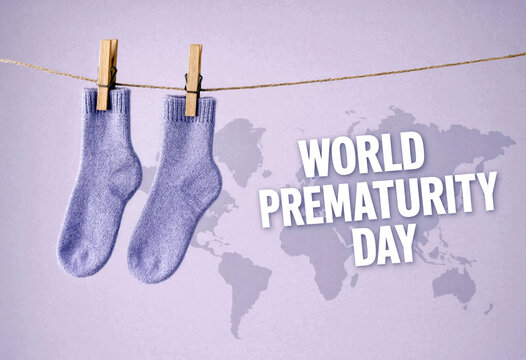 World prematurity day awareness concept with socks on a clothesline and world map background