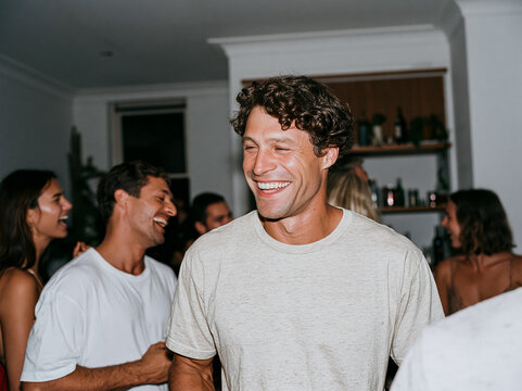 Three Happy Friends Laughing Together at Outdoor Night Event or Party