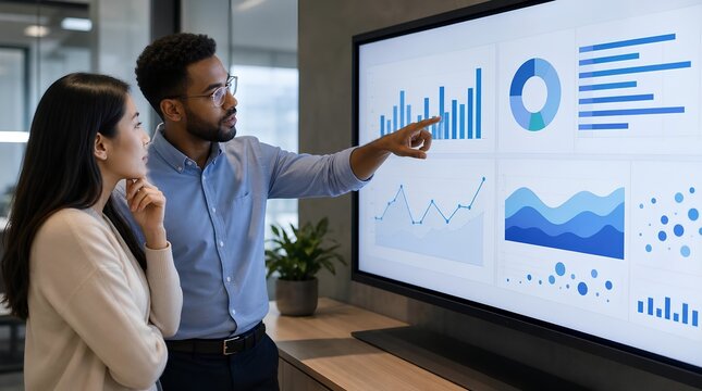 Two professionals review blue analytics charts on a large office display, ideal for business intelligence, data strategy, teamwork, and corporate reporting concepts.