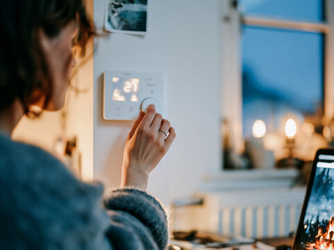 Woman Adjusting Smart Home Thermostat on Wall in Cozy Living Room Interior