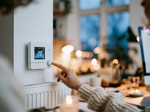 Woman Adjusting Smart Home Thermostat on Wall in Cozy Living Room Interior