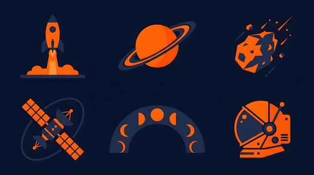 Minimalist space exploration icon set, flat orange and navy galaxy symbols, 6 astronomy vector elements including rocket and astronaut helmet