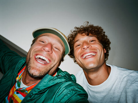 Playful wide-angle selfie of two young multiethnic male friends laughing against blue sky with construction cranes, authentic urban gen z energy.