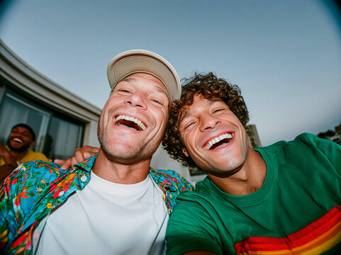 Playful wide-angle selfie of two young multiethnic male friends laughing against blue sky with construction cranes, authentic urban gen z energy.