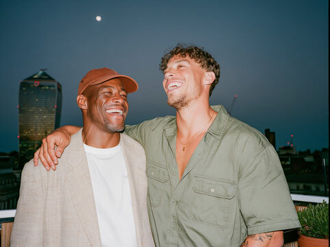 Two multiethnic male friends laughing together on a city rooftop at dusk, candid flash photo with authentic joy and urban skyline background.