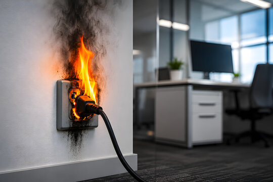 Electrical fire in office wall socket, burning power plug with smoke and flames, short circuit hazard in workplace