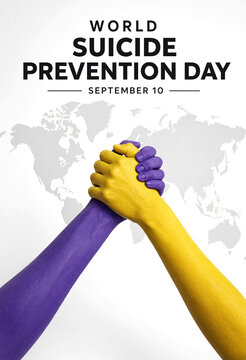 World suicide prevention day concept with clasped hands and global map background for awareness campaign