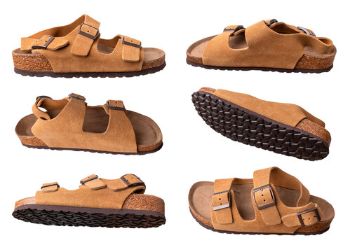 Collection of brown leather summer sandals isolated on transparent background, PNG. With clipping path. Fashionable shoe mockup featuring open nubuck sandals with cork sole. Cut out objectn. Mockup