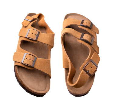 Cut out brown leather summer sandals with cork soles isolated on white background. Shoe mockup, fashionable unisex sandals, object for design and advertising. With clipping path. Mockup