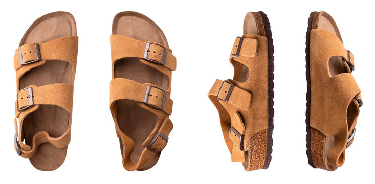 Isolated fashion sandals shown in multiple views, brown leather footwear with straps, buckles and textured cork soles. With clipping path. Fashion shoes suit product mockups, online retail