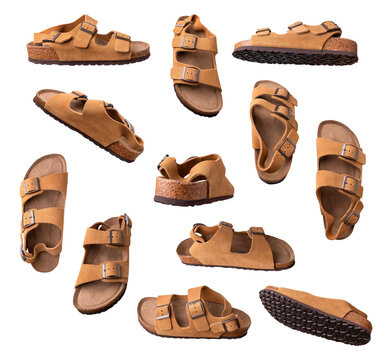 Cut out leather sandal collection isolated on white background, multiple views show open nubuck footwear with cork soles and buckles. With clipping path. Sandals suitable for shoe advertising. Mockup