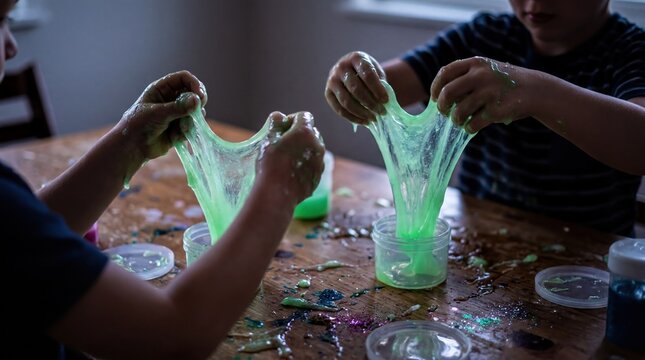 Diy slime fun, close-up of two kids hands covered in colorful, stretchy, glowing green slime, happily playing and making a mess