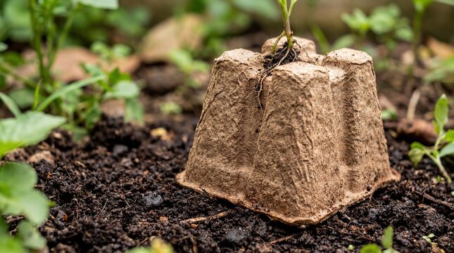 Eco-friendly packaging, a biodegradable packaging with a sprouting leaf sits on rich dark soil