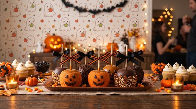 Halloween Dessert Table with Carved Pumpkin Candy Apples and Ghost Wallpaper Background