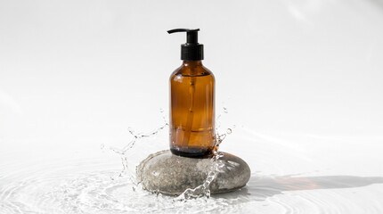 Obraz premium Natural cosmetic amber glass bottle with pump dispenser on stone with water splash
