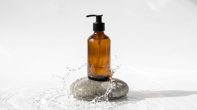 Natural cosmetic amber glass bottle with pump dispenser on stone with water splash