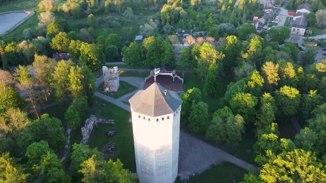 Aerial view of Paide Castle tower at sunset in Estonia