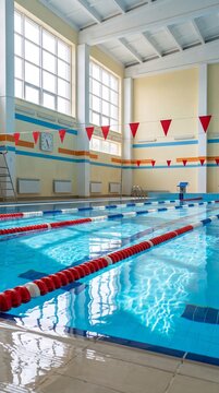 Indoor swimming pool with red with large windows letting natural light pool multiple lanes blue dividers large empty indoor recreation radiators exercise fitness sports with ladder